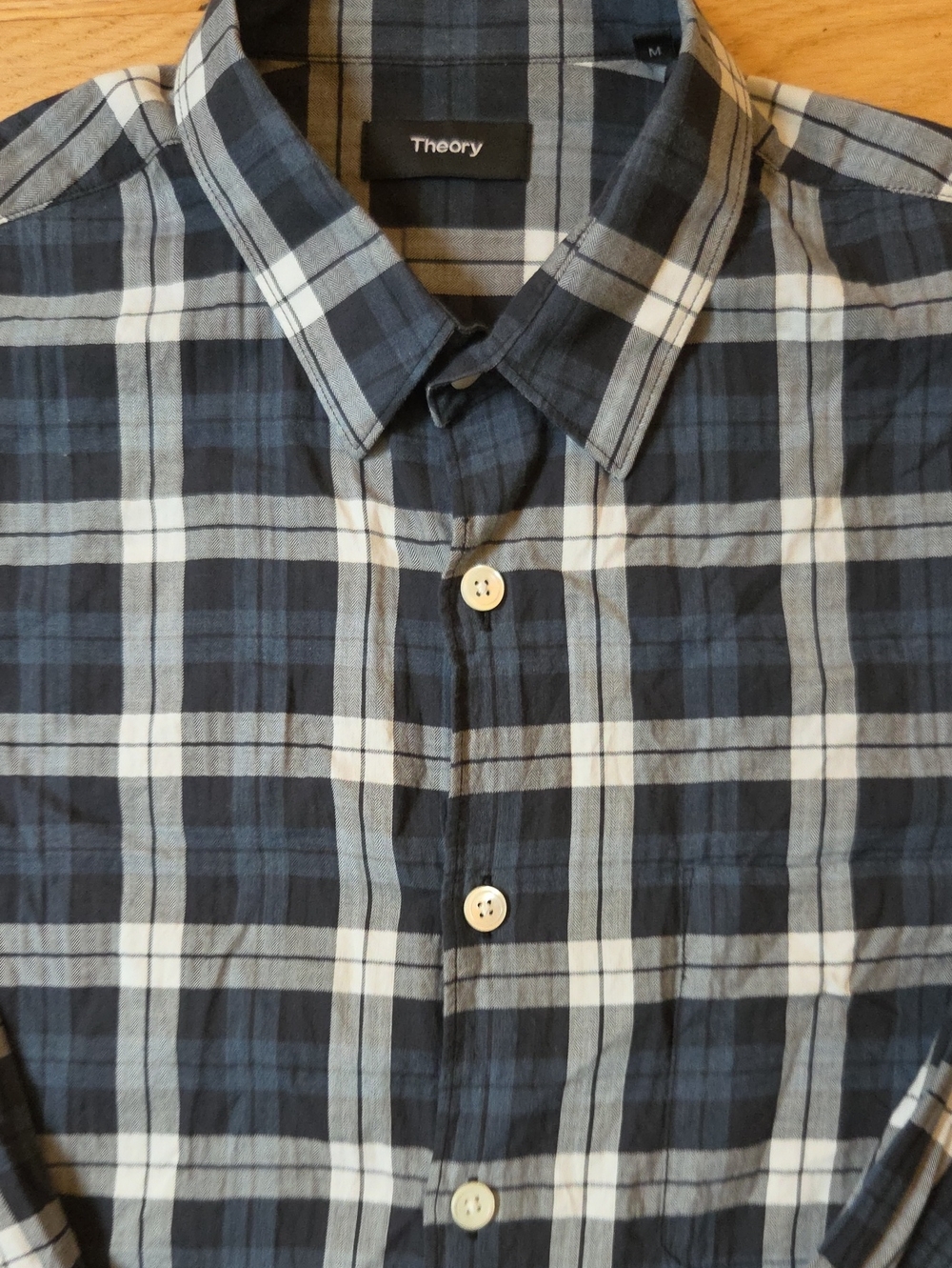Theory Navy Blue Grey Plaid Long Sleeve Button Down Shirt - Men's M